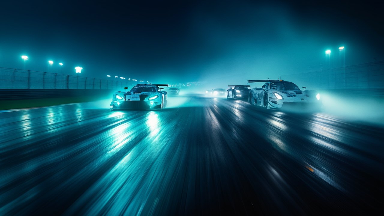 GT3-Duell unter Flutlicht bei Nacht